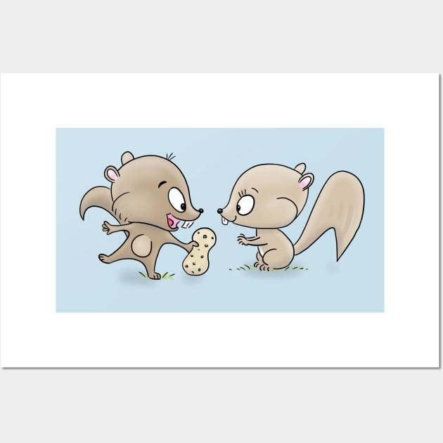 Cute boy and girl cartoon squirrels sharing peanut Wall Art by FrogFactory